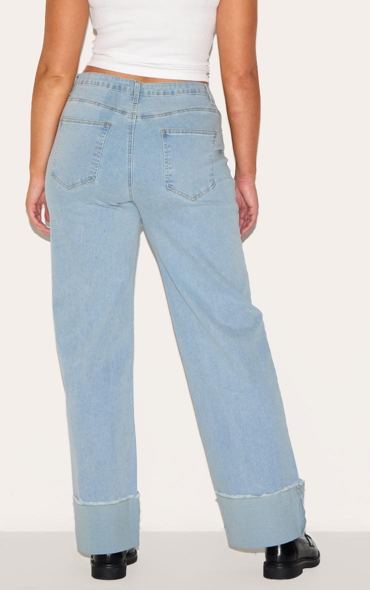 Shape Light Blue Stretch Denim Highwaisted Distressed Turn Up Hem Jeans Product Image