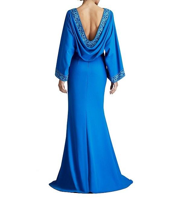 Tadashi Shoji Crepe Embroidered Trim Boat Neck Dolman Long Sleeve Deep Cowl Back Gown Product Image
