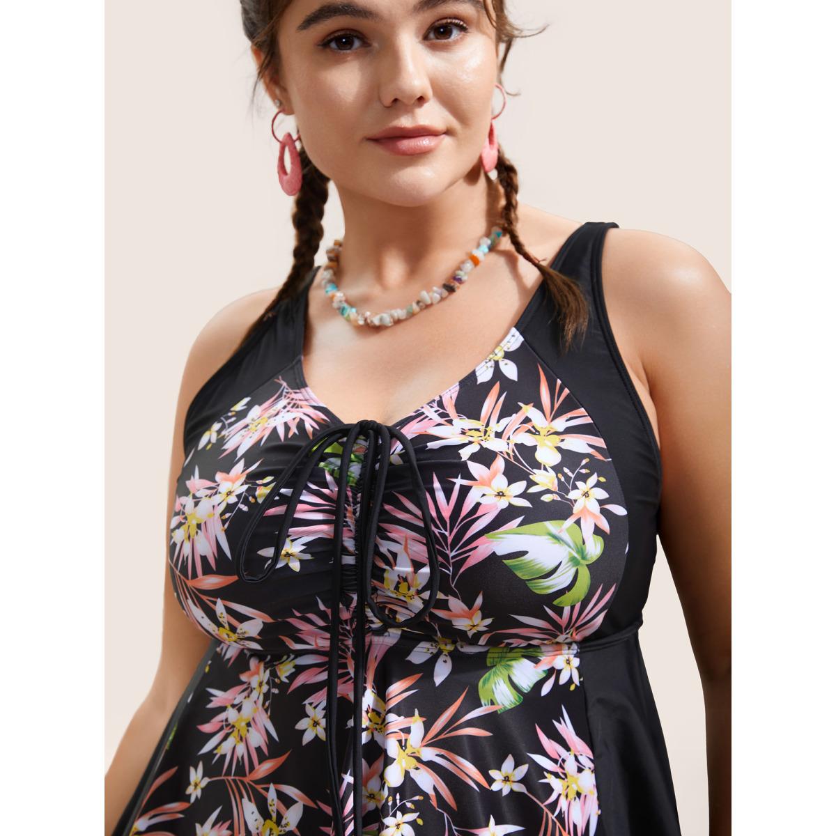 Plus Size Tropical Print Patchwork Drawstring Swim Dress Women's Swimwear Black Beach Bodycon U-neck High stretch Curve Swim Dresses BloomChic 10/M Product Image