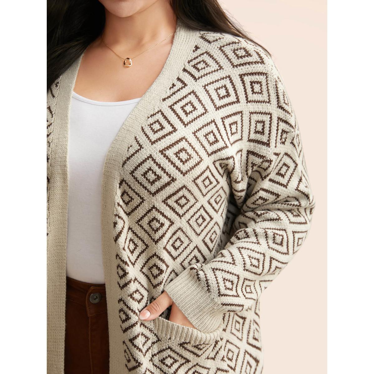 Plus Size Geometric Drop Shoulder Patch Pocket Cardigan WhiteSmoke Women Leisure Loose Long Sleeve Casual Cardigans BloomChic 22-24/3X Product Image