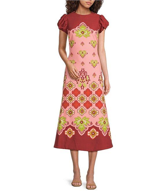 Mestiza New York Perla Flamingo Flourish Crew Neck Short Puff Sleeve Fit-And-Flare Midi Dress Product Image