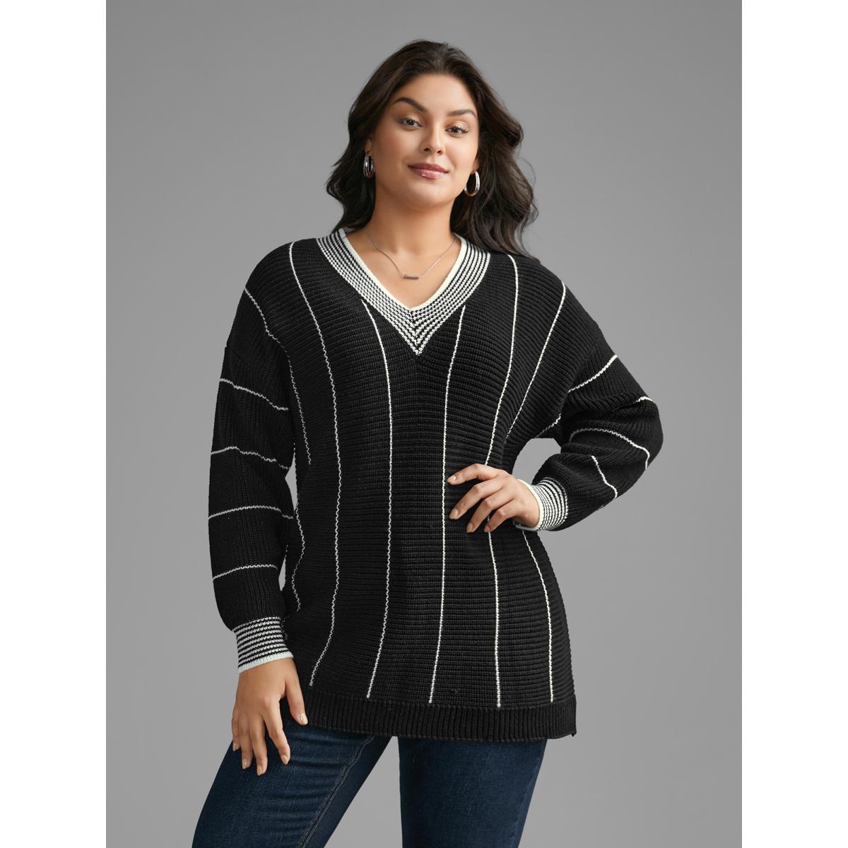 Plus Size Texture Contrast Striped Lantern Sleeve Pullover Black Women Casual Loose Long Sleeve V-neck Everyday Pullovers BloomChic 18-20/2X Product Image