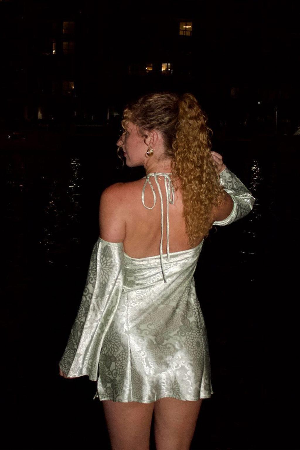 Pearlina Sage Printed Satin Mini Dress Product Image