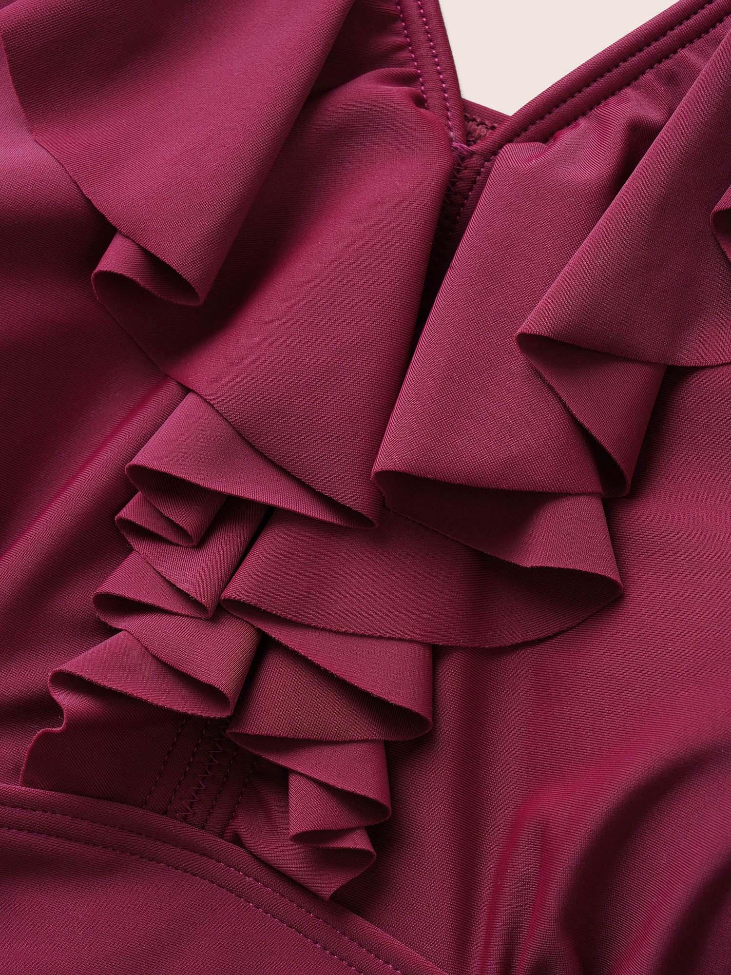 Plain Ruffle Trim Gathered Sleeveless One Piece Swimsuit Female Product Image