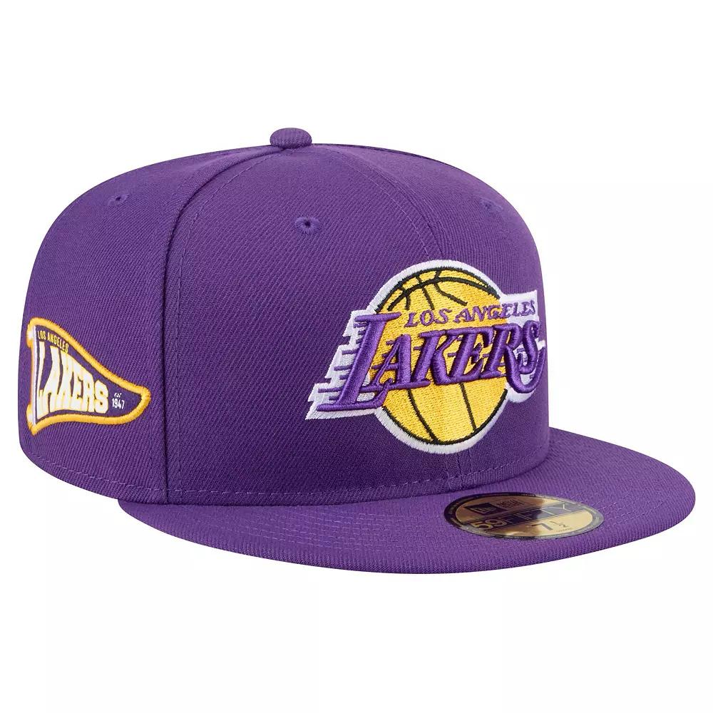 Men's New Era Purple Los Angeles Lakers Throwback Pennant 59FIFTY Fitted Hat,  Product Image