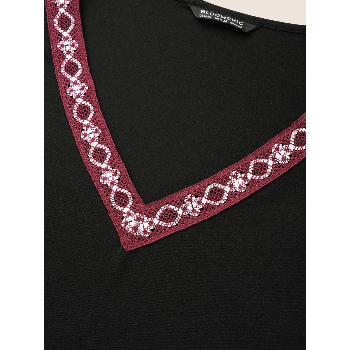 Plus Size V Neck Block Weave Trim Batwing Sleeve T-shirt Black Women Resort Patchwork V-neck Vacation T-shirts BloomChic 14-16/1X Product Image