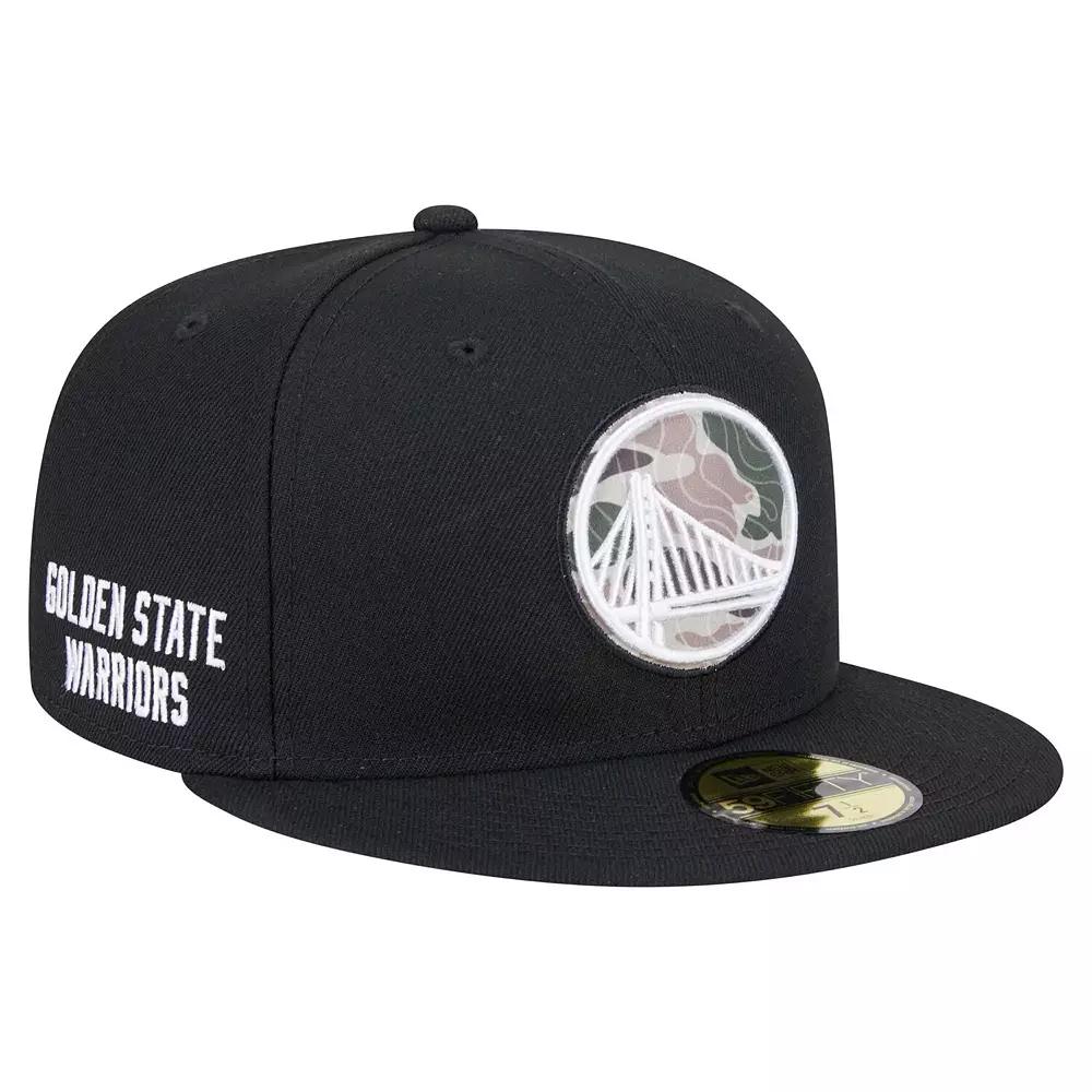 Men's New Era Black Golden State Warriors Camo Print UV 59FIFTY Fitted Hat, Size: 7 1/8 Product Image