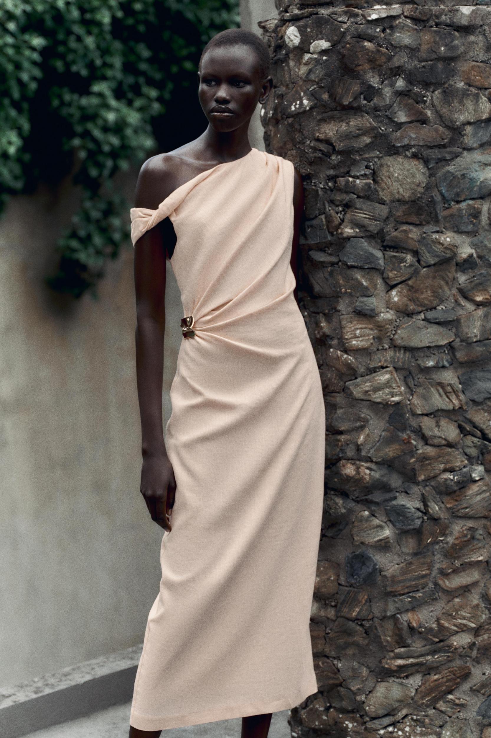 ASYMMETRIC LINEN-BLEND MIDI DRESS WITH APPLIQUÉ Product Image