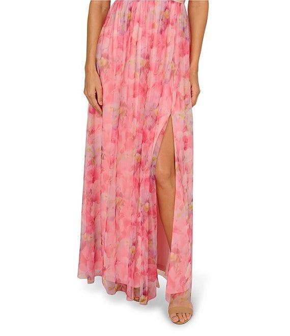 Adrianna Papell Tulle Floral Print Off-The-Shoulder Neck Short Sleeve A-Line Gown Product Image