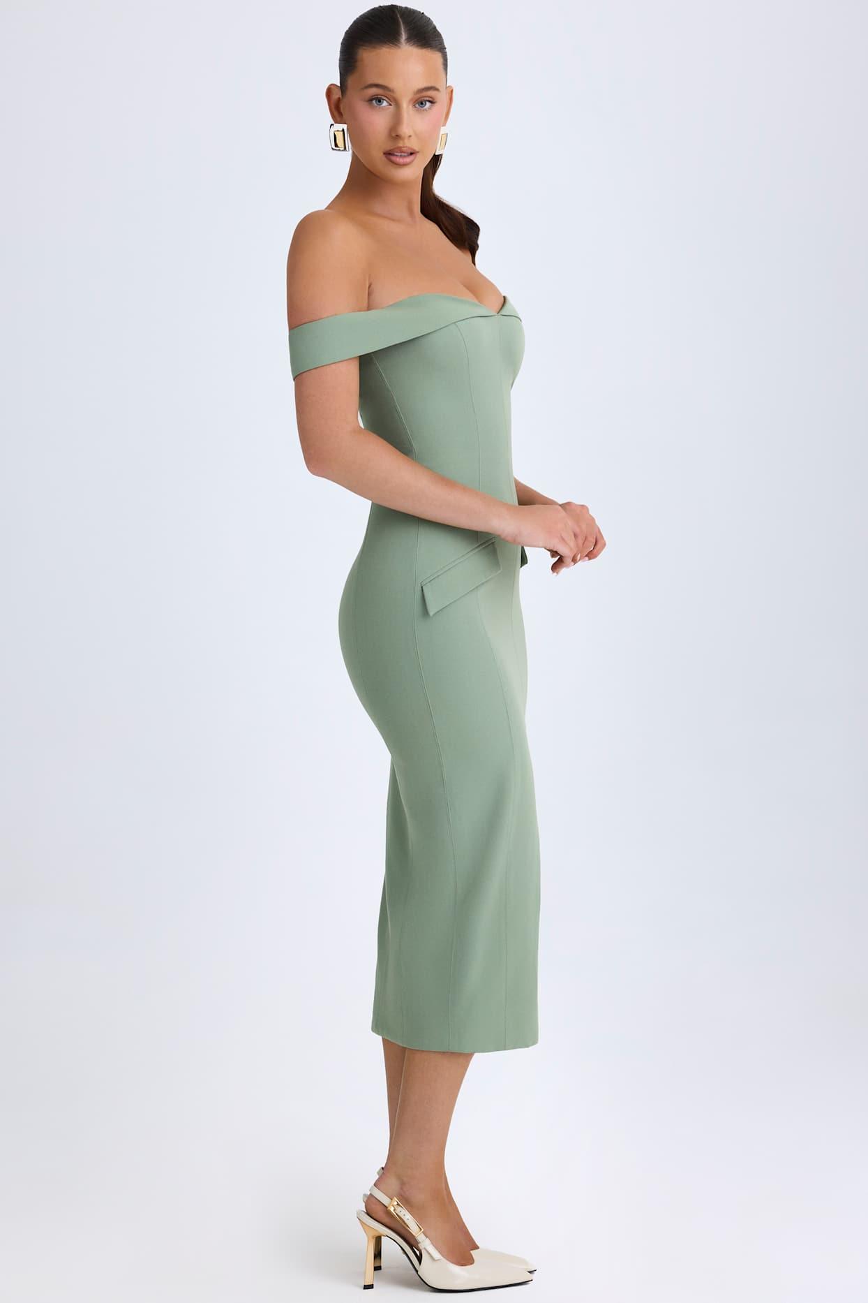 Off-Shoulder Midaxi Dress in Khaki Green Product Image