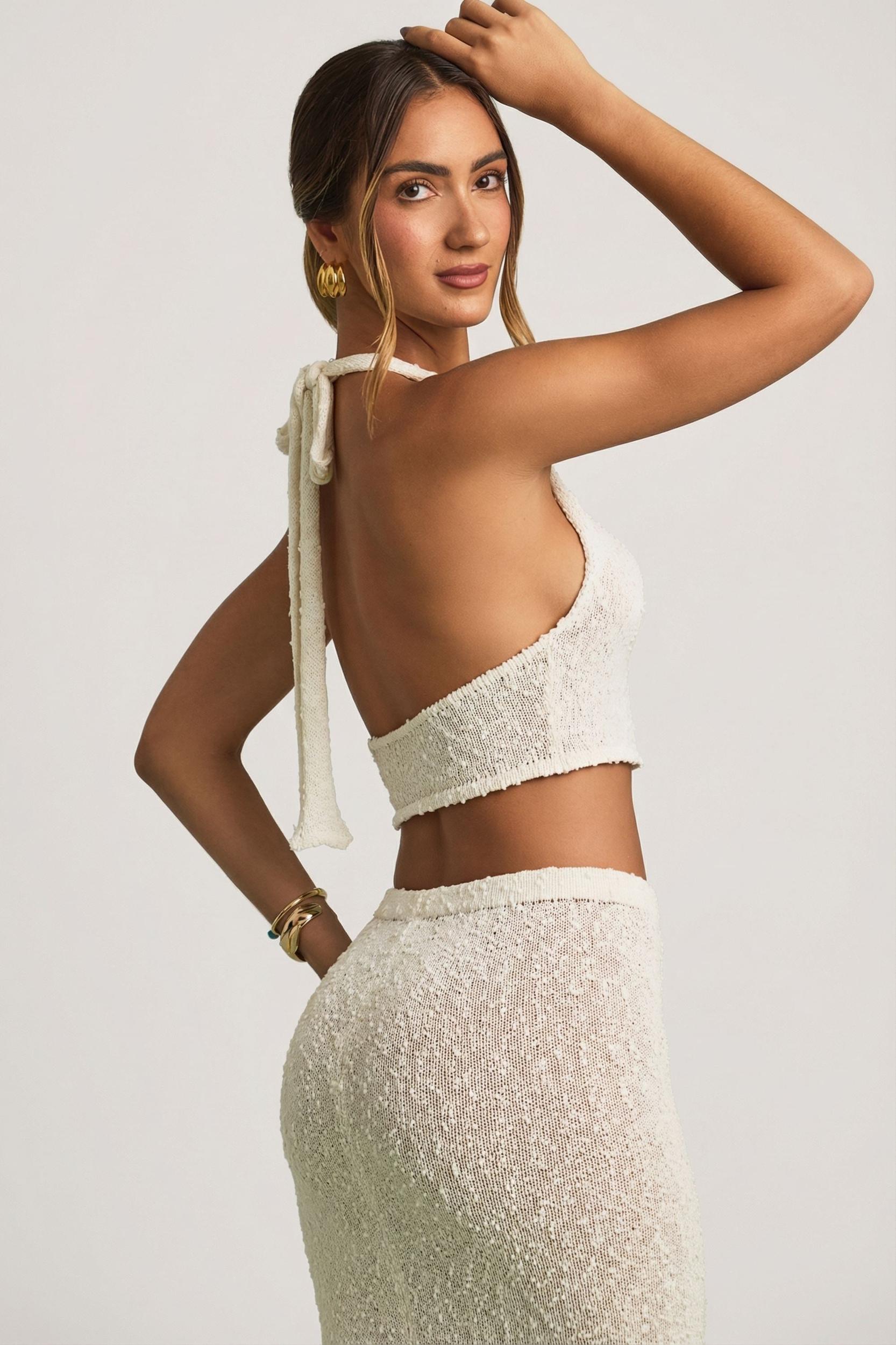 Bouclé Halterneck Crop Top in White Product Image