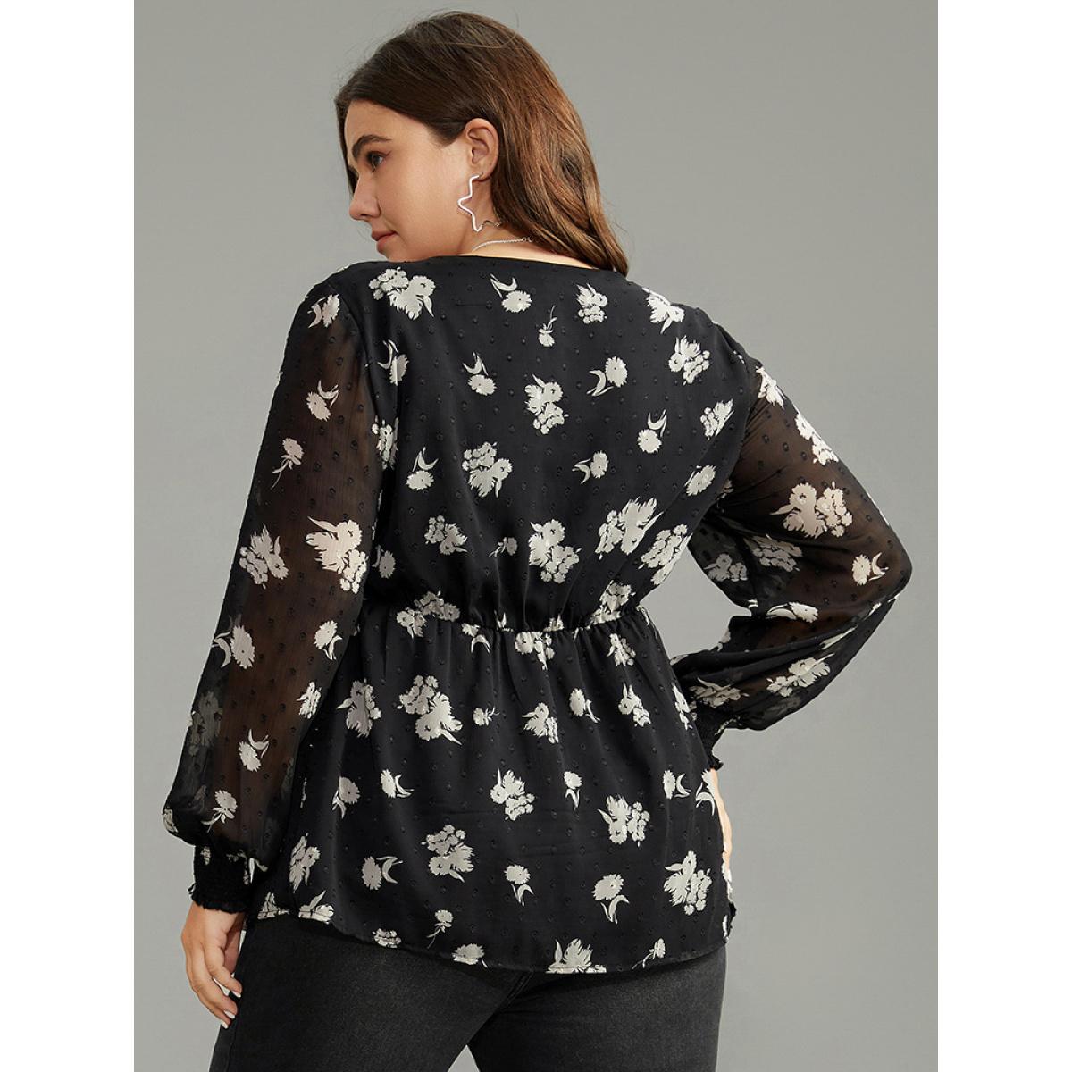 Plus Size BlackFlower Silhouette Floral Print Gathered Shirred Blouse Women Elegant Long Sleeve V-neck Dailywear Blouses BloomChic 26/4X Product Image