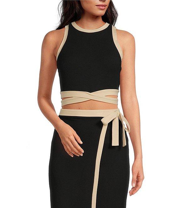 Gianni Bini Dena Ribbed Knit Crew Neck Sleeveless Tie Waist Coordinating Cropped Top Product Image