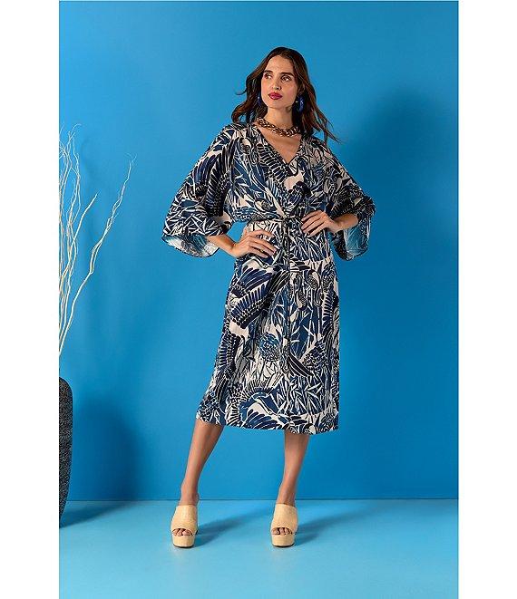 Trina Turk Topspin Printed Satin V-Neck 3/4 Bell Sleeve Wrap Midi Dress Product Image