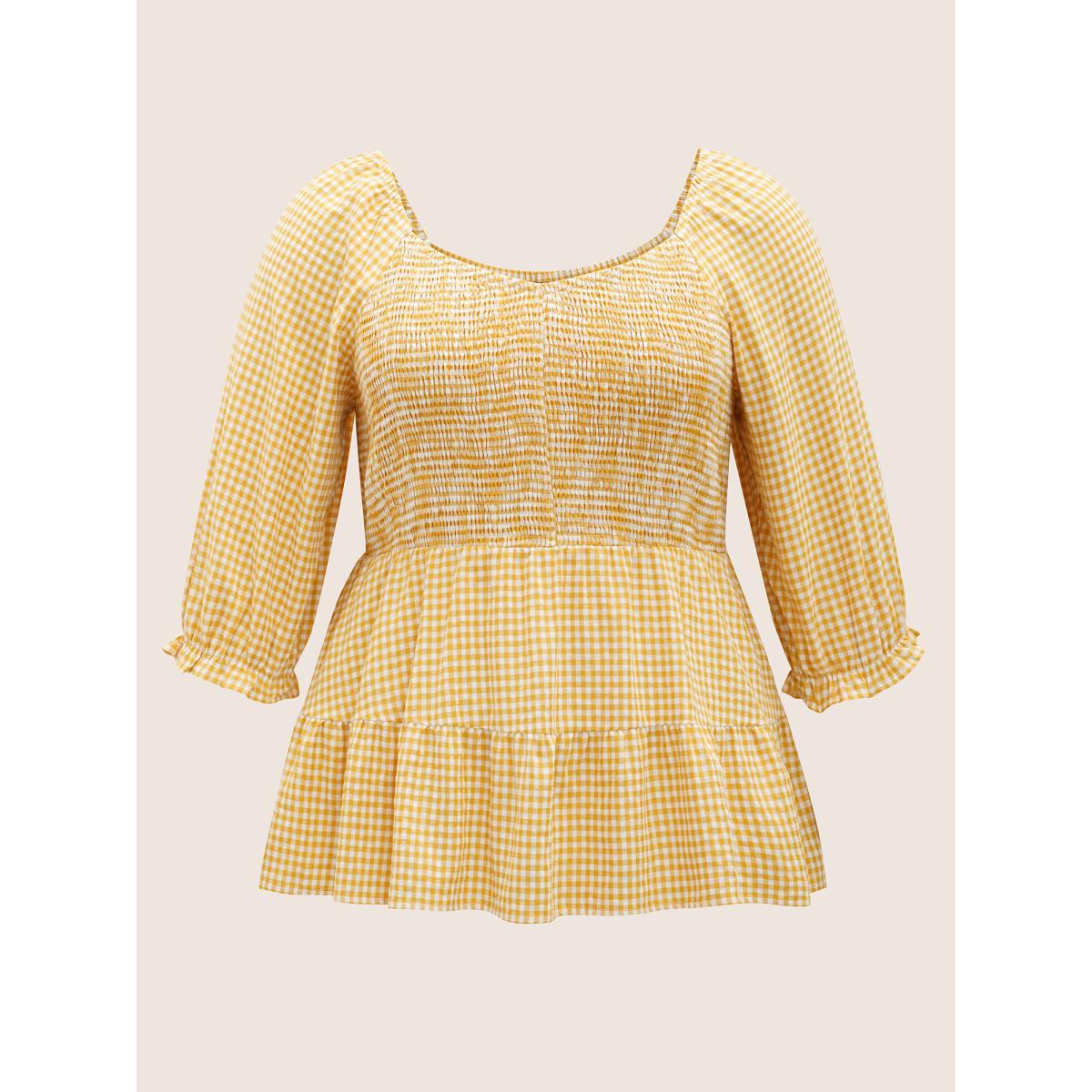 Plus Size Turmeric Heart Neckline Gingham Shirred Lantern Sleeve Blouse Women Casual Elbow-length sleeve Heart neckline Everyday Blouses BloomChic 14-16/1X Product Image