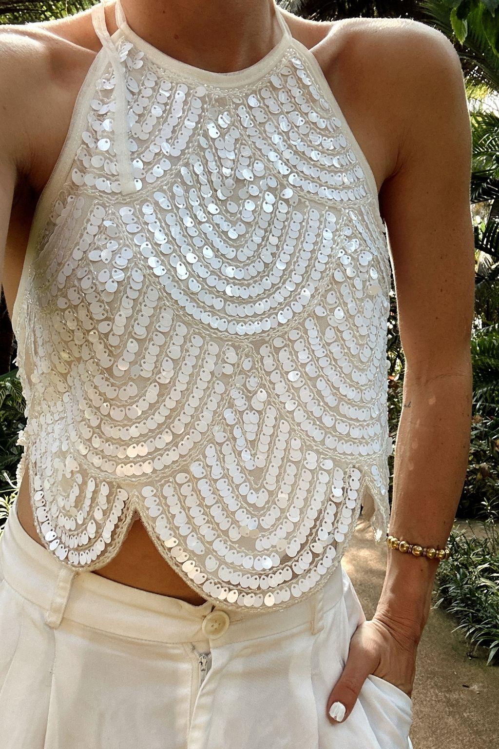 Cleo White Sequin Halter Tie Top Product Image
