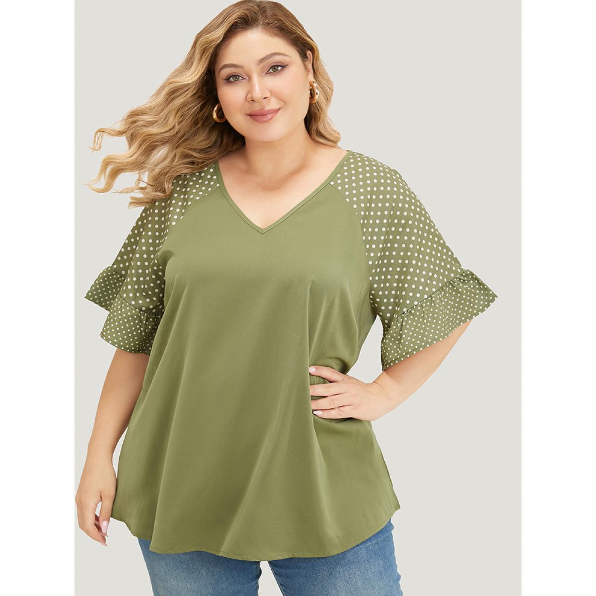 Plus Size Moss Polka Dot Raglan Sleeve Ruffle Trim Blouse Women Office Elbow-length sleeve V-neck Dailywear Blouses BloomChic 10/M Product Image