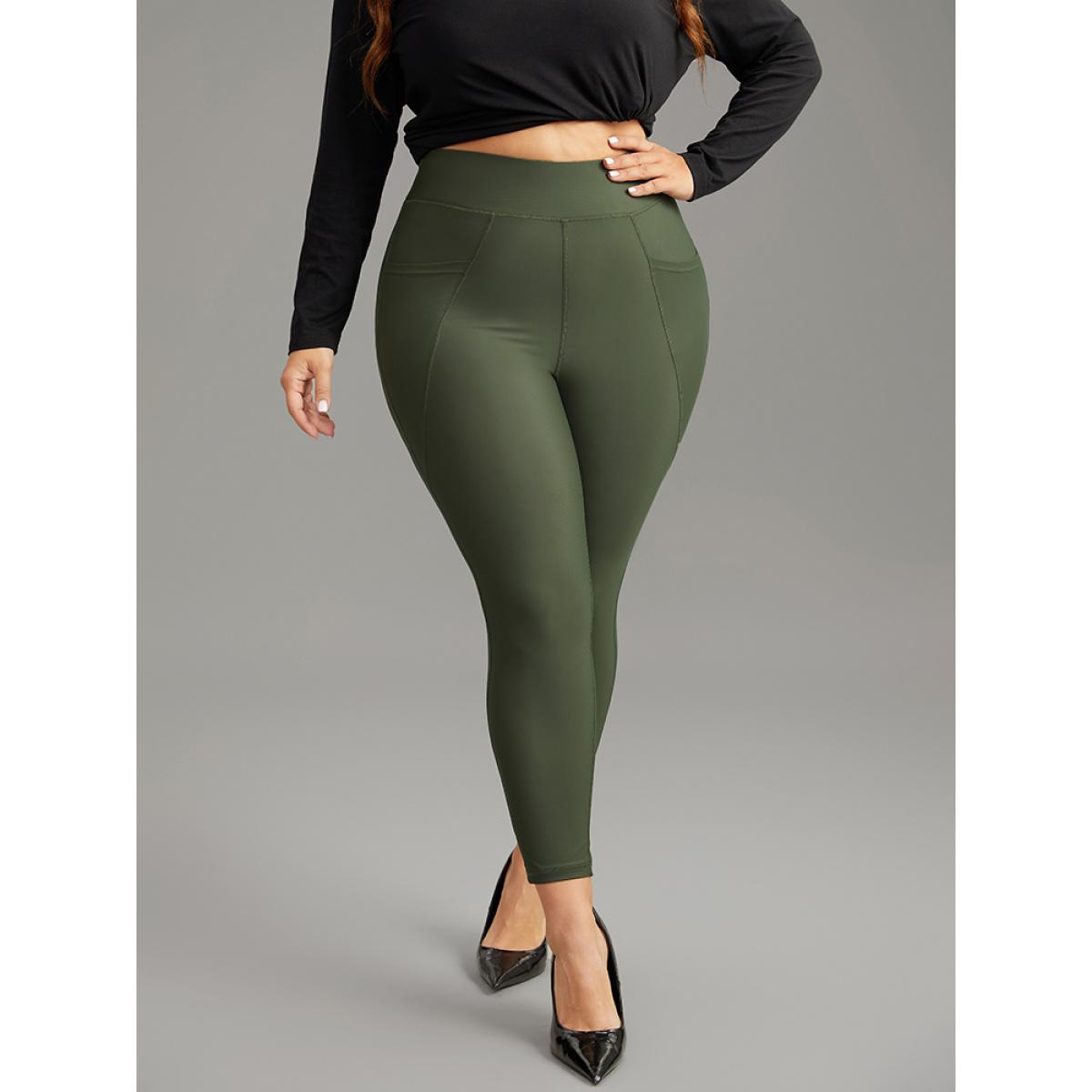 Plus Size Solid Pocket High Rise Skinny Leggings Women ArmyGreen Casual High stretch Skinny High Rise Dailywear Leggings BloomChic 30/6X Product Image