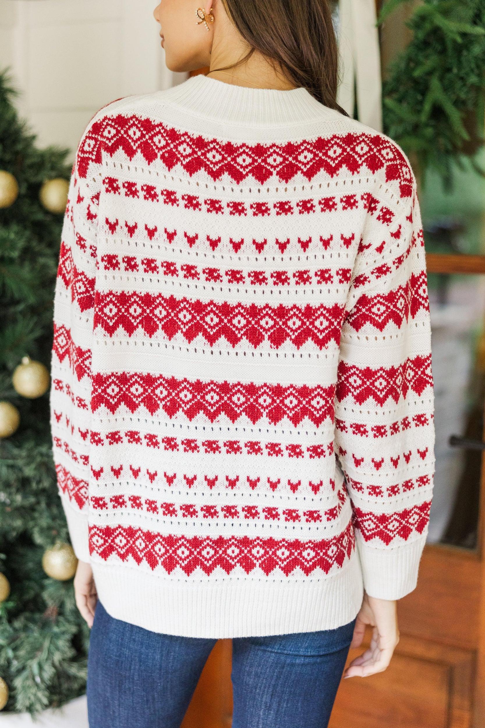 Holiday Happiness Ivory & Red Nordic Print Sweater Female Product Image
