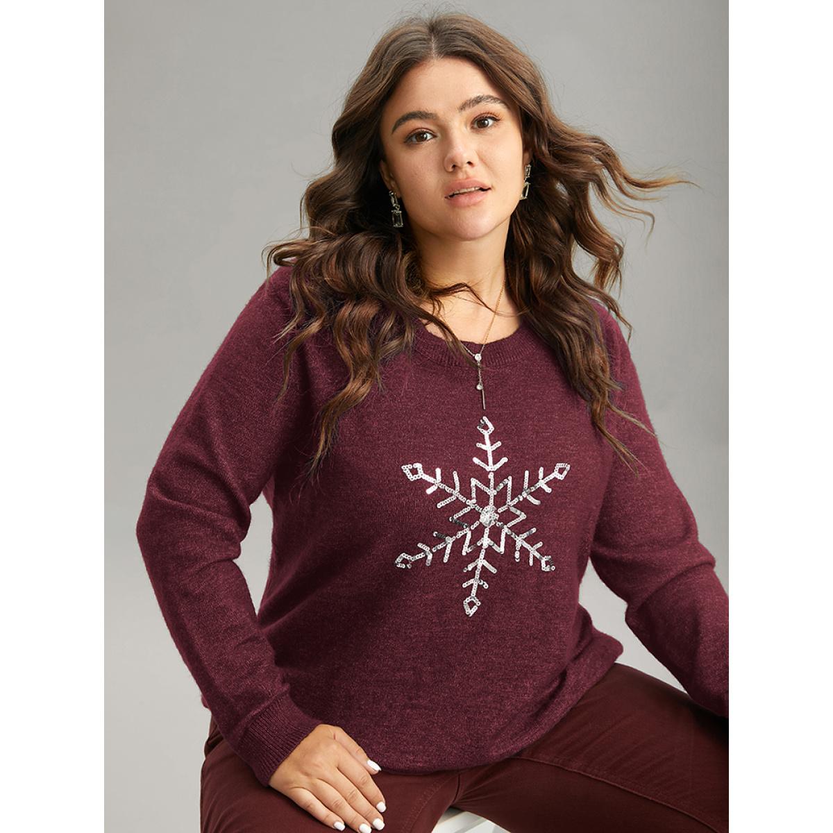 Plus Size Anti-Pilling Sequin Snowflake Round Neck Pullover Burgundy Women Casual Loose Long Sleeve Round Neck Festival-Christmas Pullovers BloomChic 18-20/2X Product Image