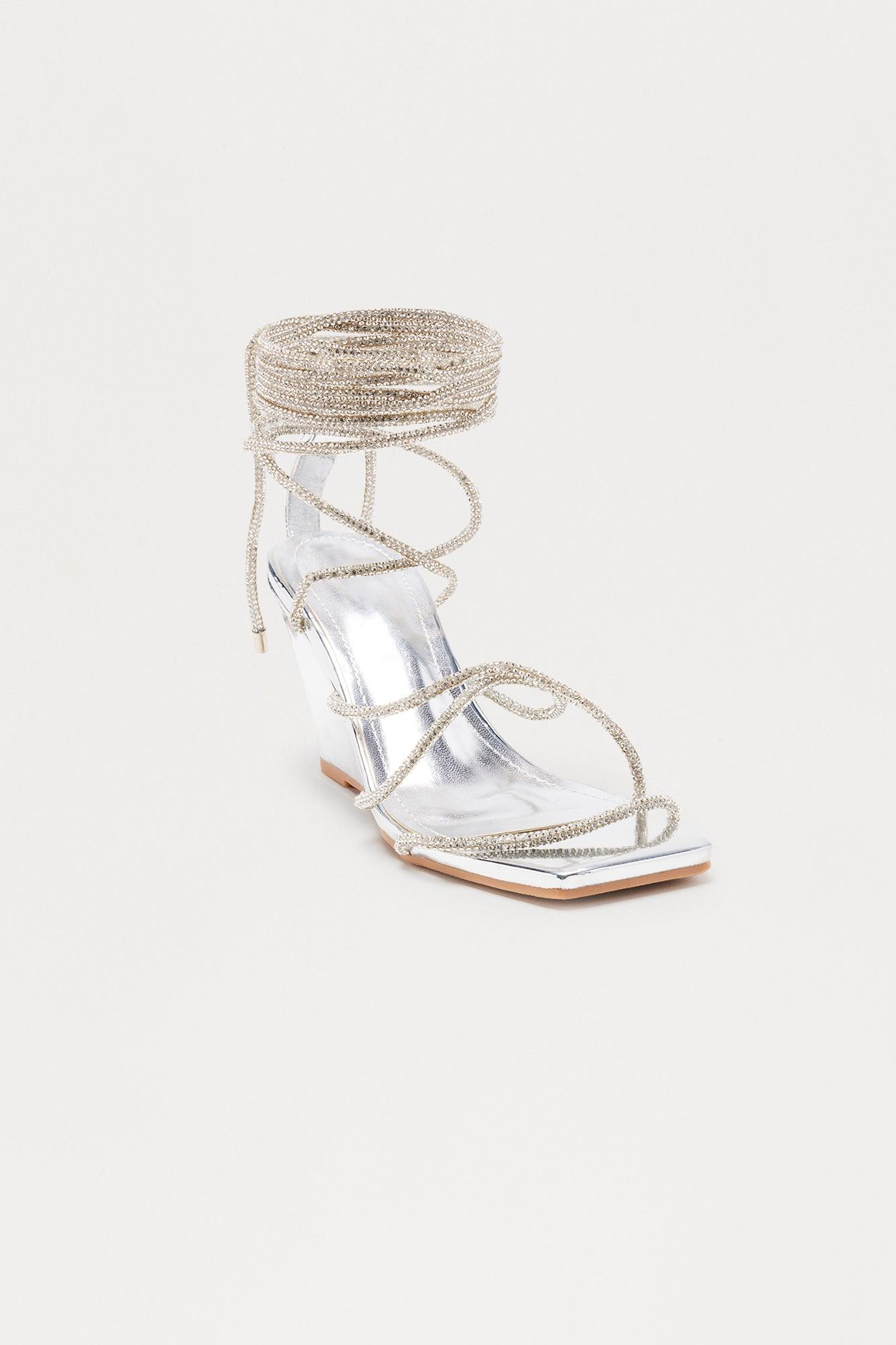 Twila Rhinestone Wrap Up Wedges - Silver Female Product Image
