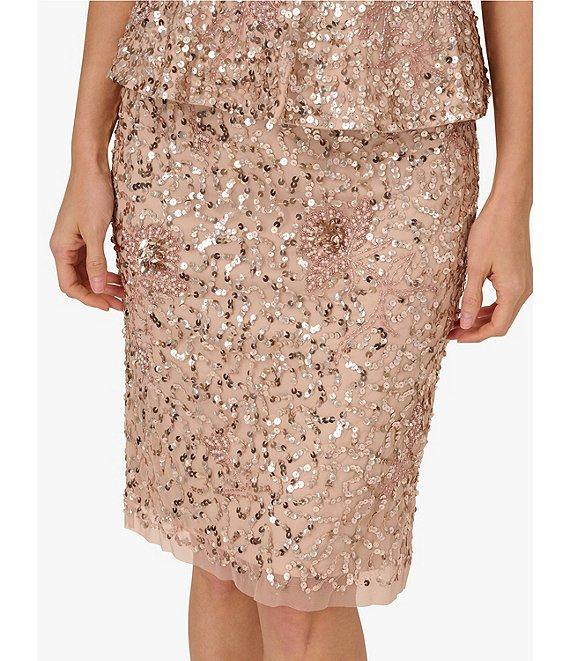 Adrianna Papell Boat Neck Beaded Mesh Peplum Dress Product Image