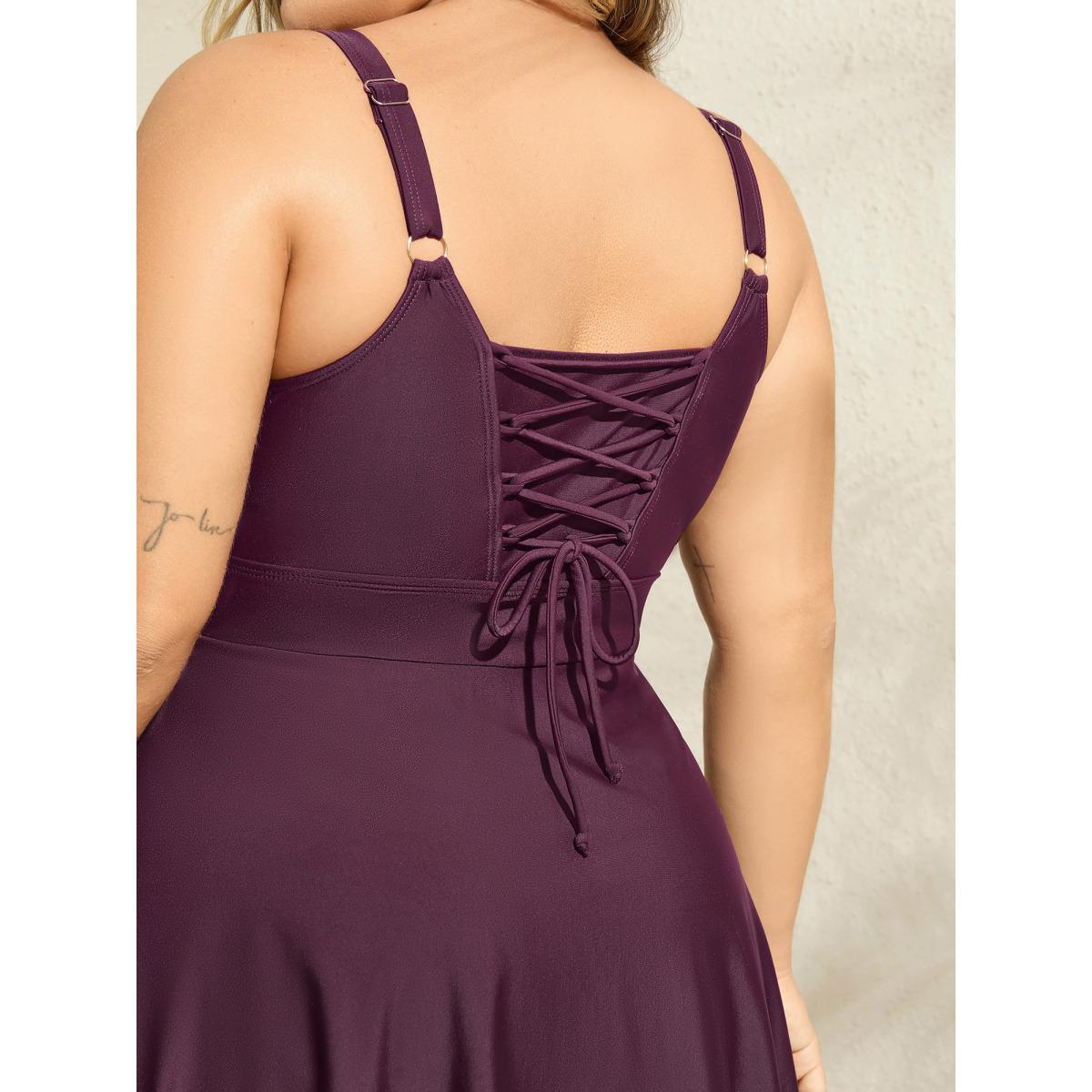 Plus Size Adjustable Back Ties Pleated Swim Dress Women's Swimwear Deepred Beach Bodycon V-neck High stretch Curve Swim Dresses BloomChic 22-24/3X Product Image