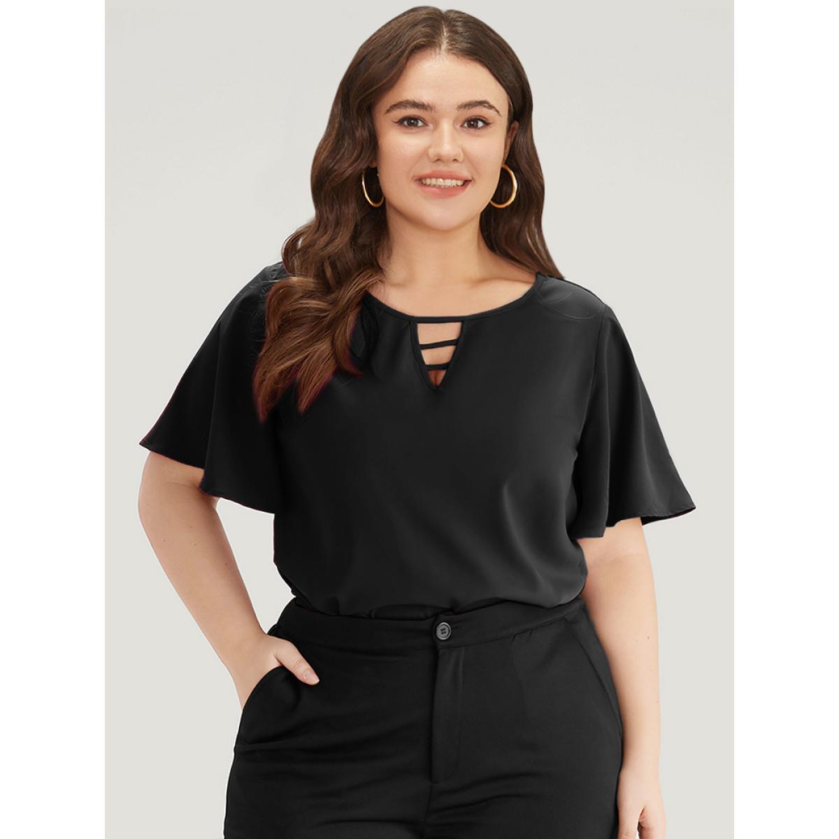 Plus Size Black Plain Ruffle Sleeve Cut Out Blouse Women Office Short sleeve Keyhole Cut-Out Work Blouses BloomChic 30/6X Product Image
