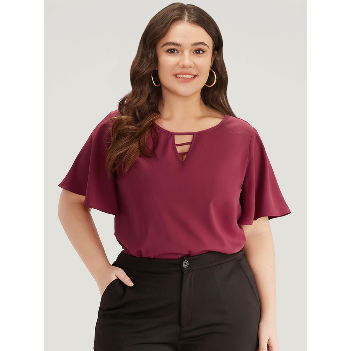 Plus Size Indigo Plain Ruffle Sleeve Cut Out Blouse Women Office Short sleeve Keyhole Cut-Out Office Blouses BloomChic 12/L Product Image