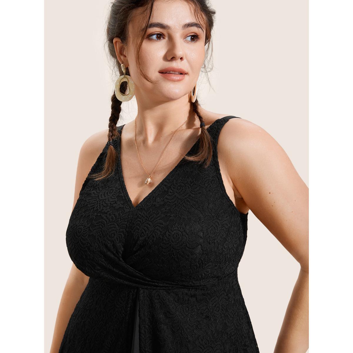 Plus Size V Neck Lace Insert Gathered Swim Top Women's Swimwear Black Beach Twist High stretch Bodycon V-neck Curve Swim Tops BloomChic 28/5X Product Image