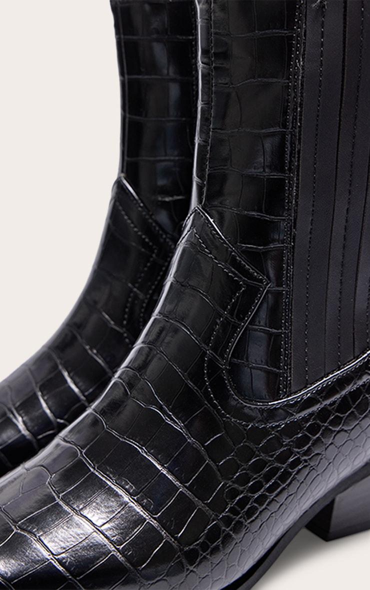 Black Croc PU Point Toe Low Block Heel Western Ankle Boots Product Image