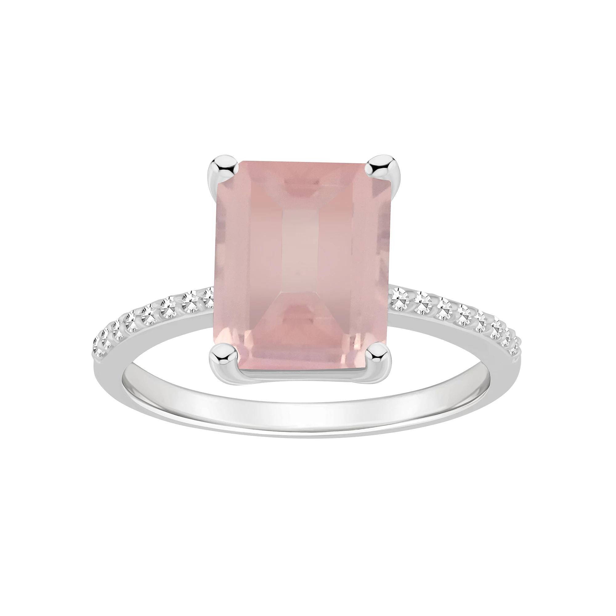 Alyson Layne Sterling Silver 10 mm x 8 mm Emerald Cut Gemstone & 1/10 Carat T.W. Diamond Ring, Women's, Pink Quartz Product Image