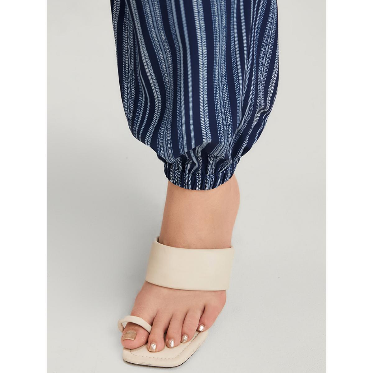 Plus Size Striped Elastic Waist Pocket Ties Pants Women DarkBlue Casual Mid Rise Dailywear Pants BloomChic 10/M Product Image