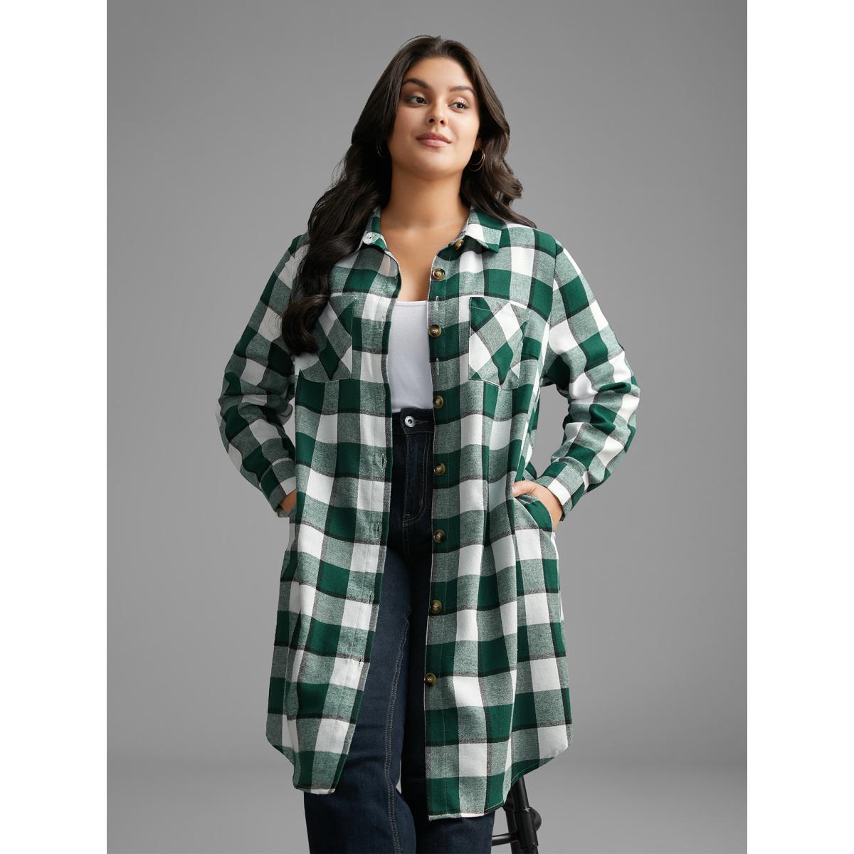 Plus Size Plaid Patched Pocket Arc Hem Jacket Women DarkGreen Button Loose Side seam pocket Everyday Jackets BloomChic 26/4X Product Image