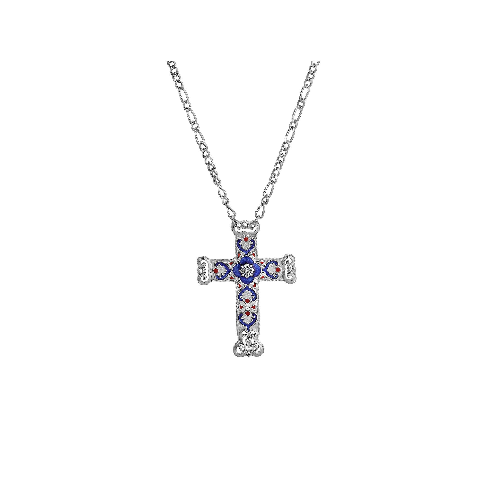 Symbols of Faith Enamel Blue & Red Cross Pendant Necklace, Womens, Silver Blue Product Image