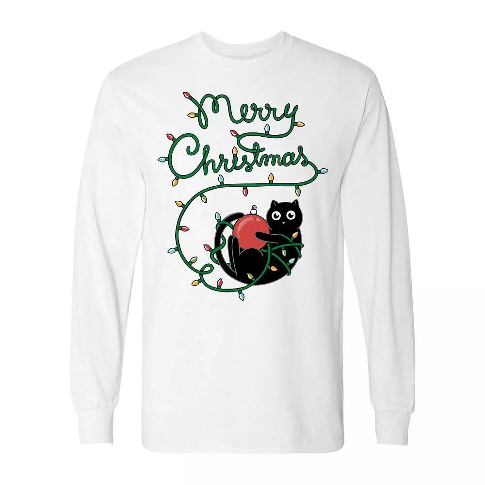 Men's Cat Merry Christmas Long Sleeve Graphic Tee, Size: XL, Irish Green Product Image