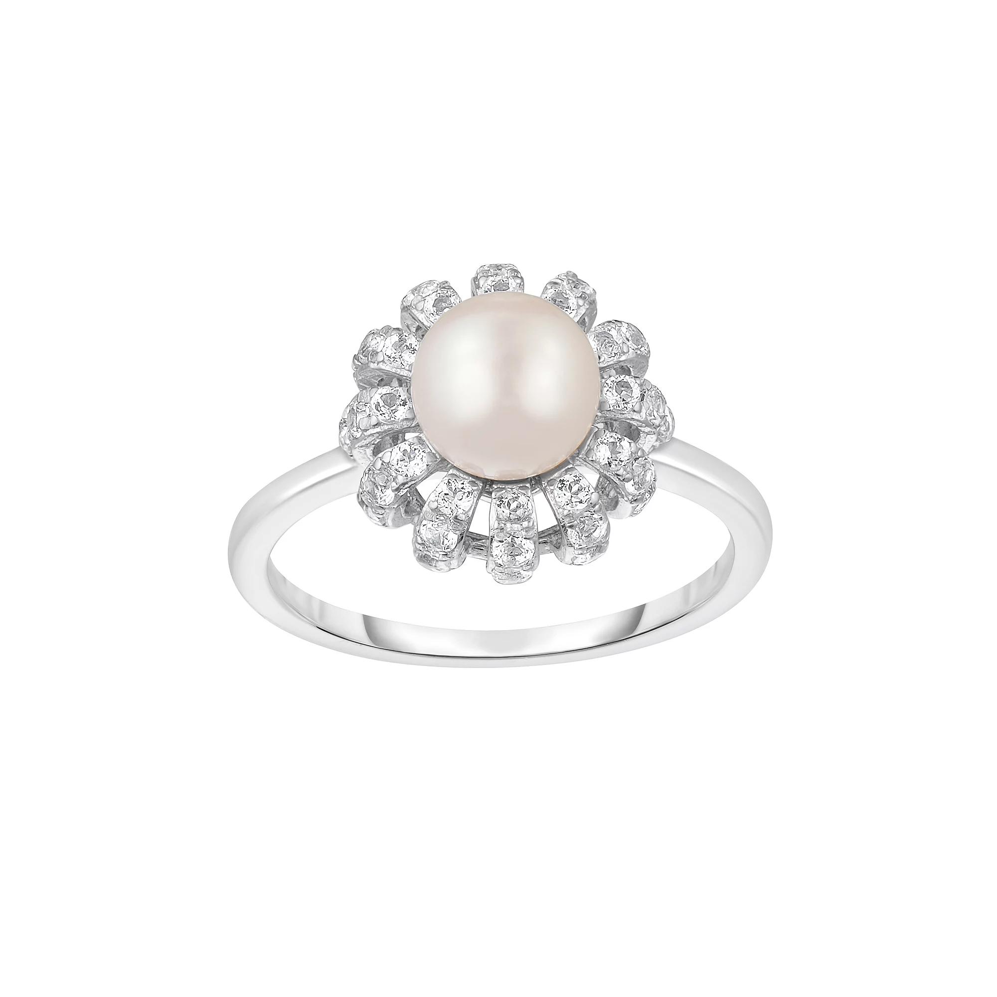 Oro Leoni Sterling Silver Freshwater Cultured Pearl & Lab Created White Sapphire Ring, Women's,  Product Image