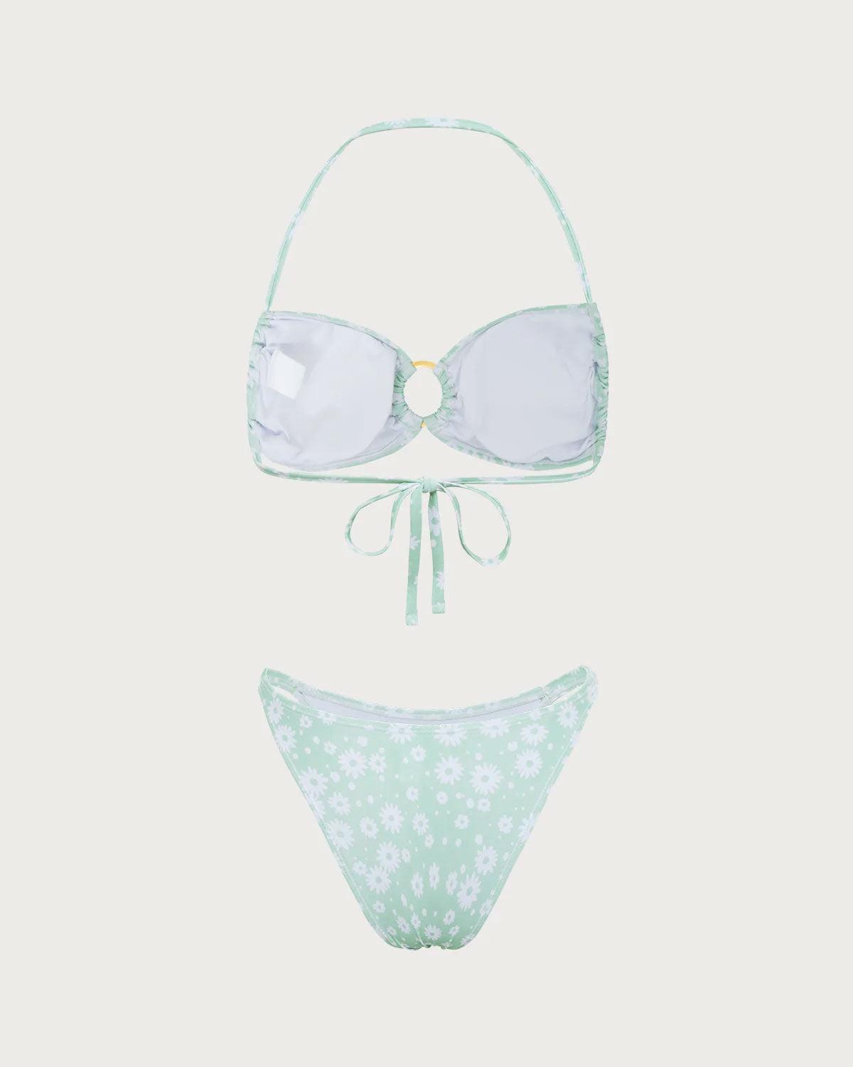 Green Floral O-Ring Halter Bikini Set Product Image