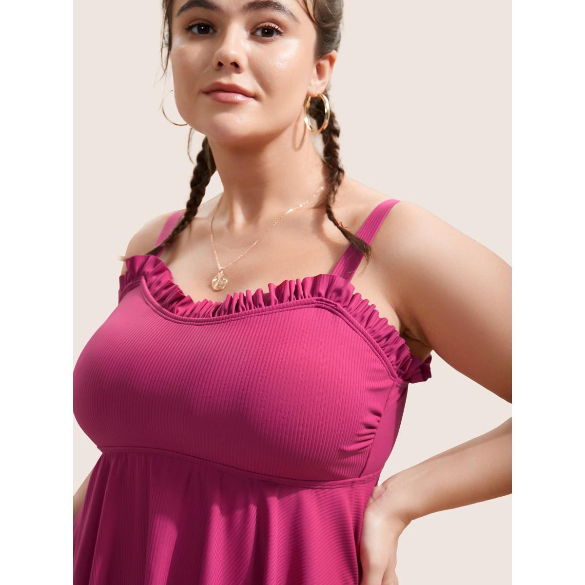 Plus Size Solid Frill Trim Adjustable Straps Swim Top Women's Swimwear RedViolet Beach Non High stretch Bodycon Strapless Curve Swim Tops BloomChic 30/6X Product Image