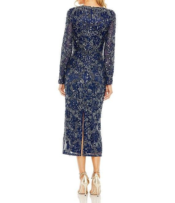 Mac Duggal Long Sleeve Crew Neck Embellished Midi Dress Product Image