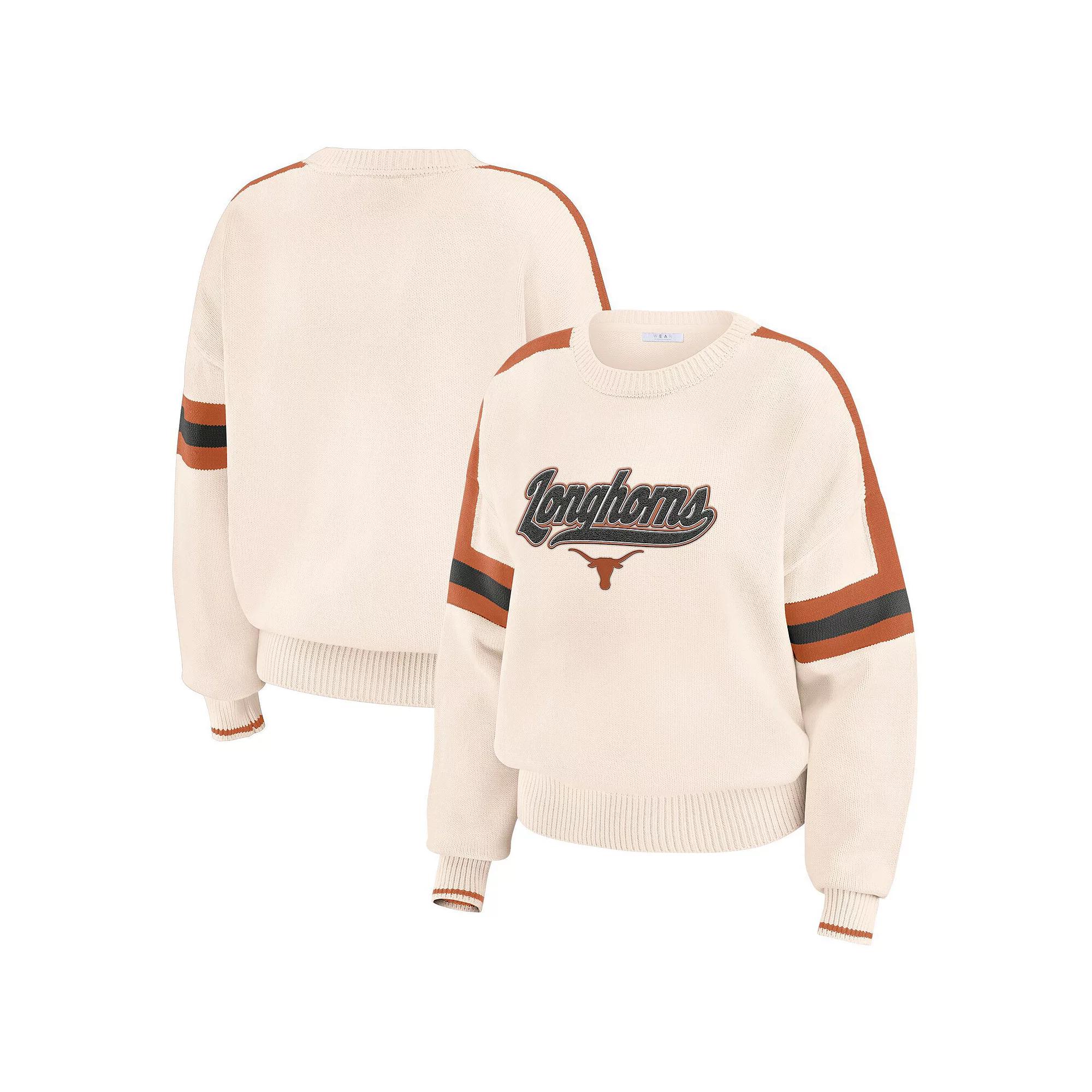 Women's WEAR by Erin Andrews  Cream Texas Longhorns Chenille Woven Patch Stripe Pullover Sweater, Size: XXL, Beige Product Image
