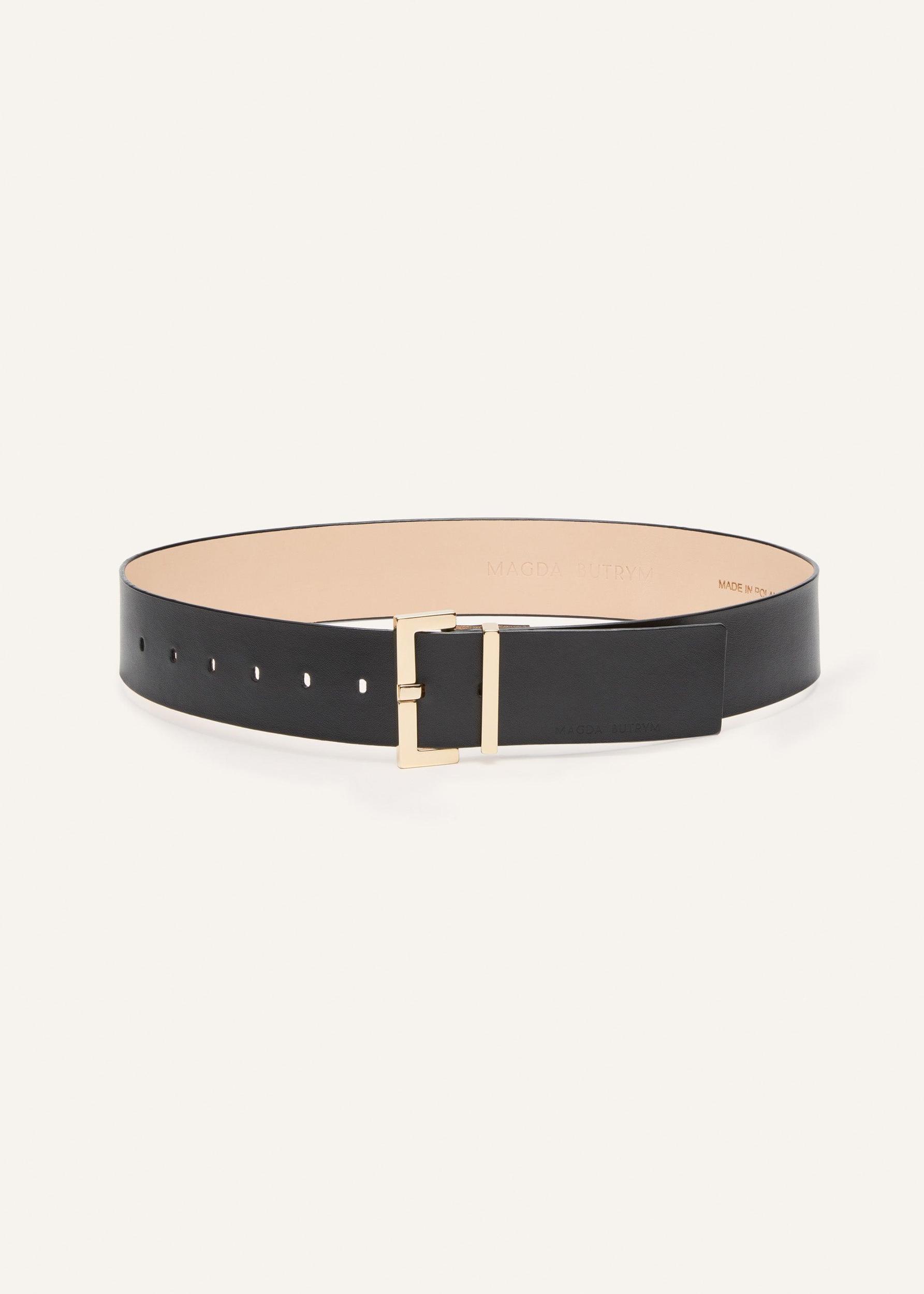 Minimalist black leather belt in gold Product Image