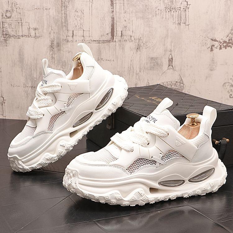 Hidden Wedge Mesh Panel Lace-Up Sneakers Product Image