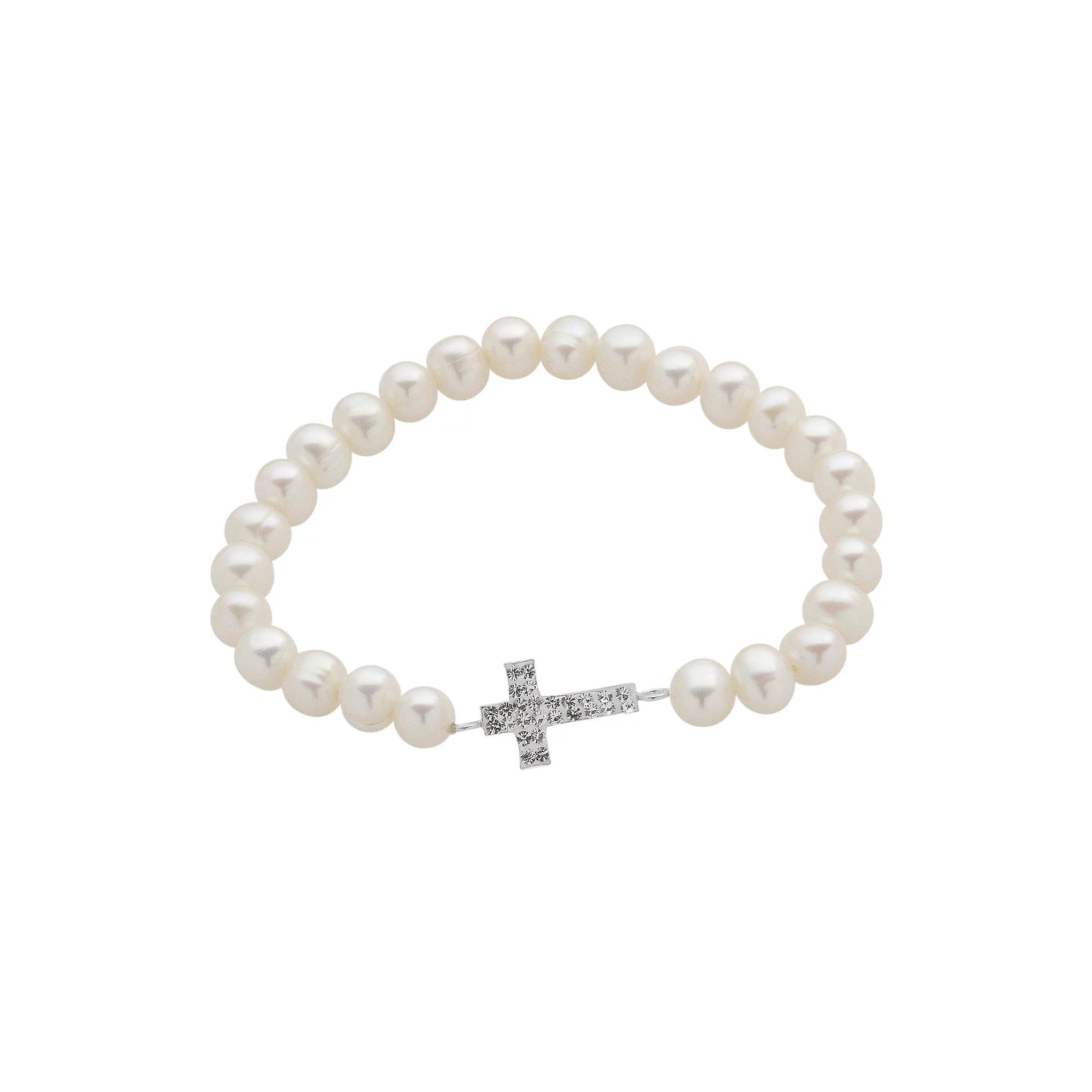 Sterling Silver Freshwater Cultured Pearl and Crystal Stretch Bracelet, Women's, Size: 7", White Product Image