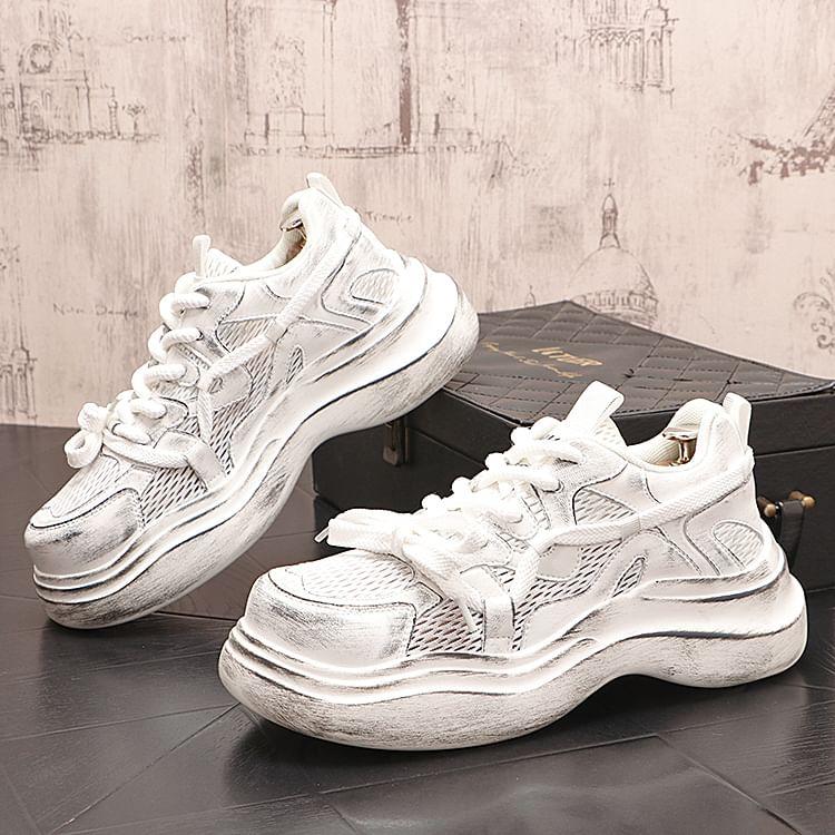 Platform Mesh Panel Lace-Up Faux Leather Sneakers Product Image