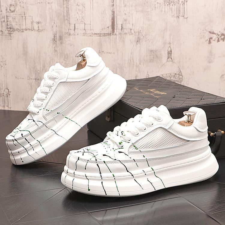 Hidden Wedge Mesh Panel Lace-Up Faux Leather Sneakers Product Image