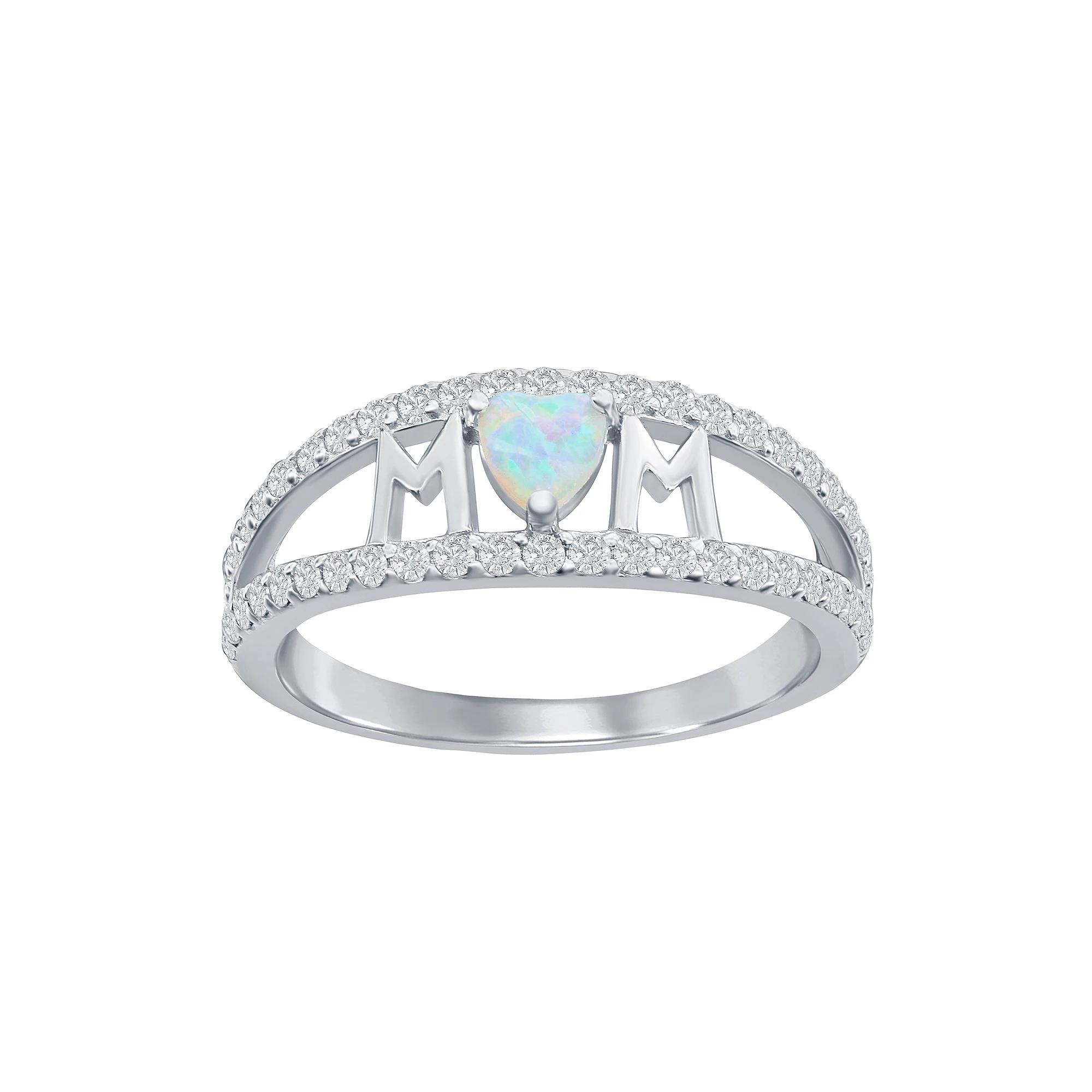 Sterling Silver Opal & Cubic Zirconia MOM Ring, Womens White Product Image