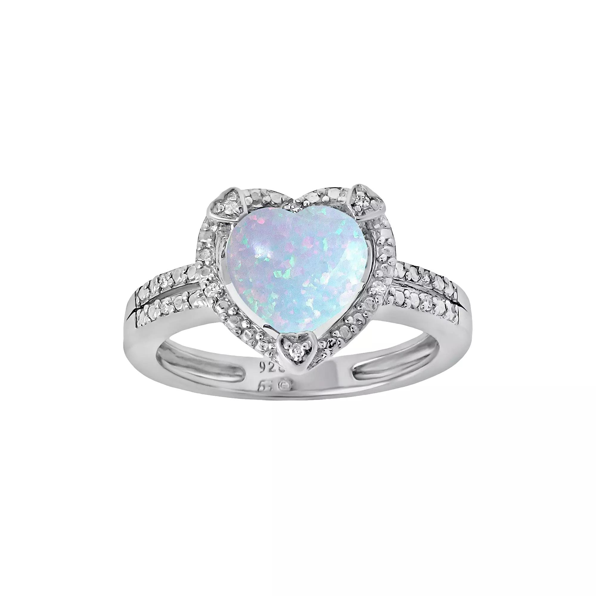 Gemminded Sterling Silver Lab-Created Opal and Diamond Accent Heart Frame Ring, Womens White Product Image