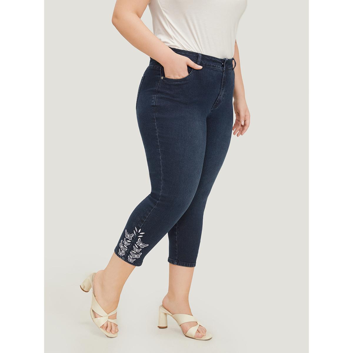 Plus Size Very Stretchy High Rise Dark Wash Butterfly Embroidered Jeans Women DarkBlue Casual Plain Embroidered High stretch Pocket Jeans BloomChic 26/4X Product Image