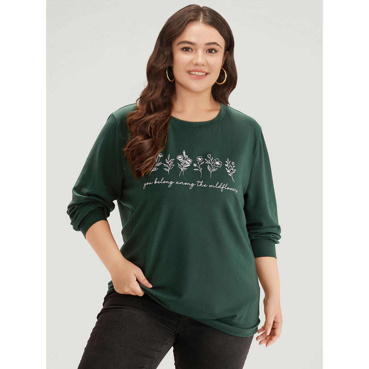 Plus Size Floral Print Elastic Cuffs Round Neck Sweatshirt Women Cyan Casual Elastic cuffs Dailywear Sweatshirts BloomChic 22-24/3X Product Image